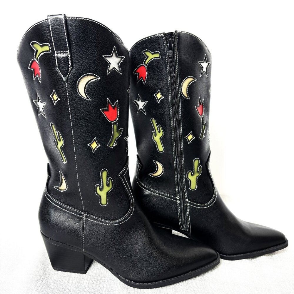 No Boundaries Blk Cowboy Boots w/ western motif cut out Faux Leather Heels NWOT - Picture 3 of 13